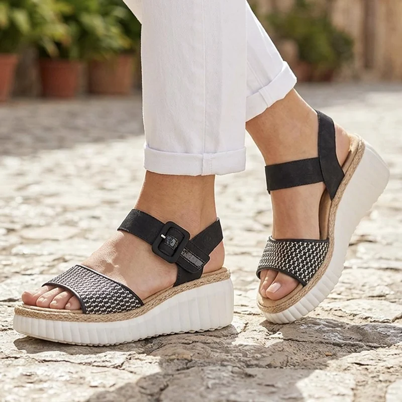 Rieker Adjustable Fasten Wedged Sandals - RKR43073 / 330 554 - Black Multi