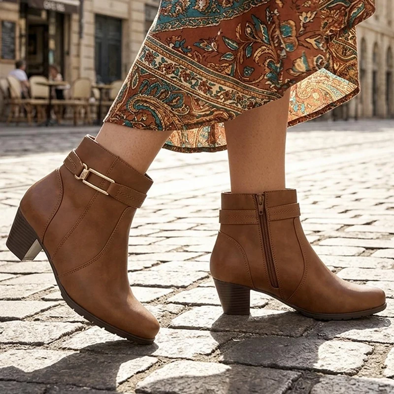 Wide Fit Smart Buckle Detail Ankle Boots - WBINS44006 / 329 745 - Tan