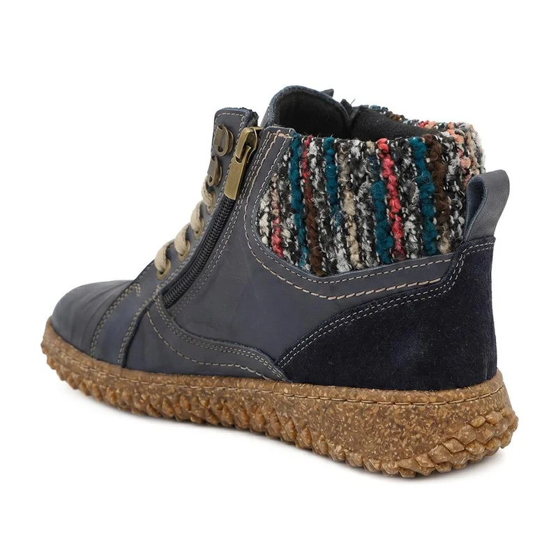 Loretta Zip & Lace Knitted Cuff Ankle Boots - HAK44000 / 329 615 - Navy