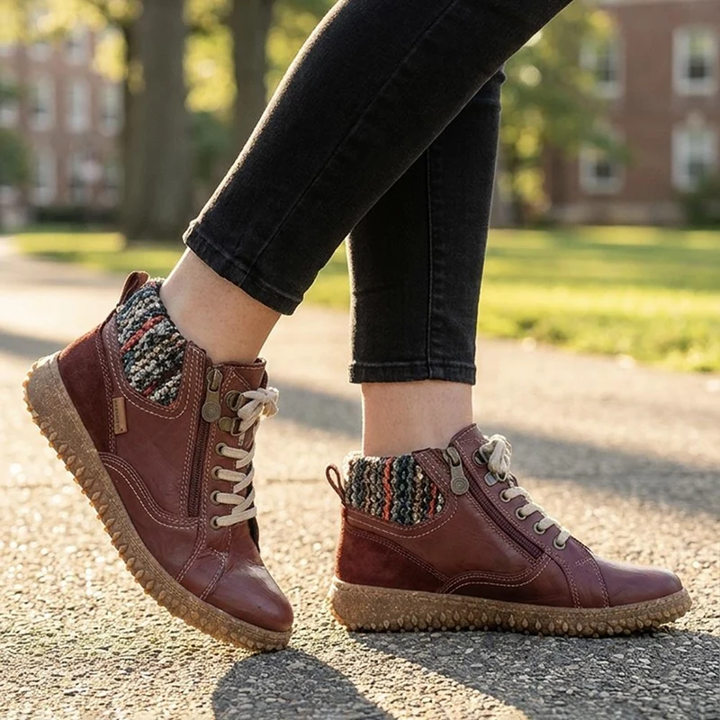 Loretta Zip & Lace Knitted Cuff Ankle Boots - HAK44000 / 329 615 - Burgundy
