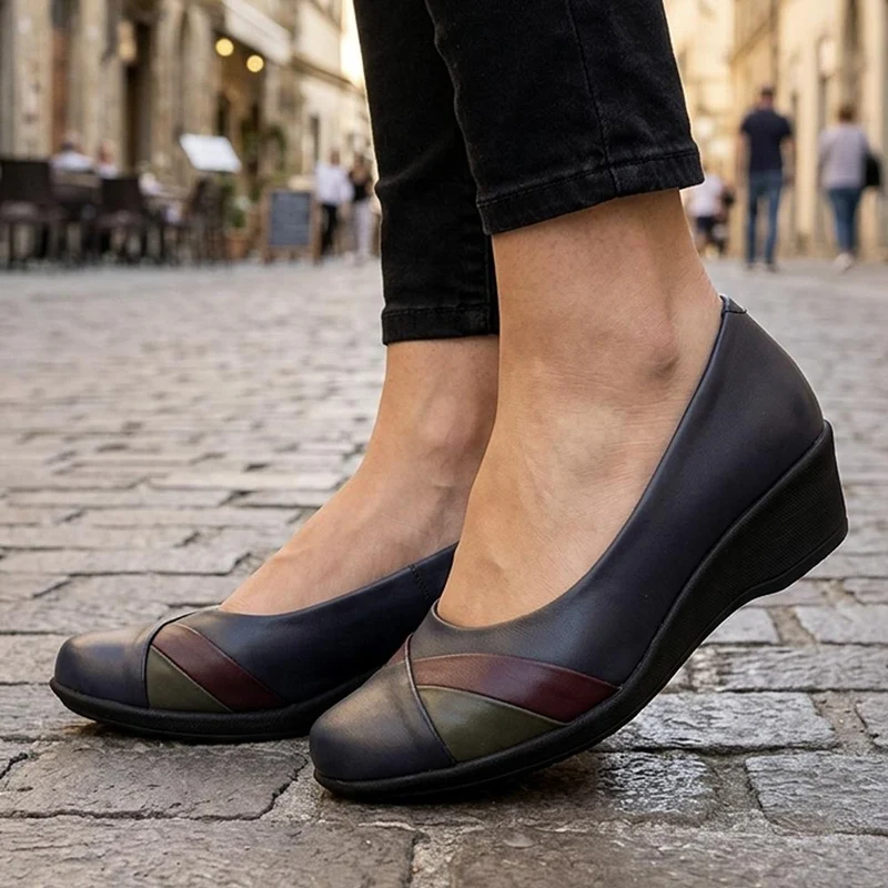 Smart Leather Wedge Heel Pumps - KF44002 / 329 815 - Navy Combi