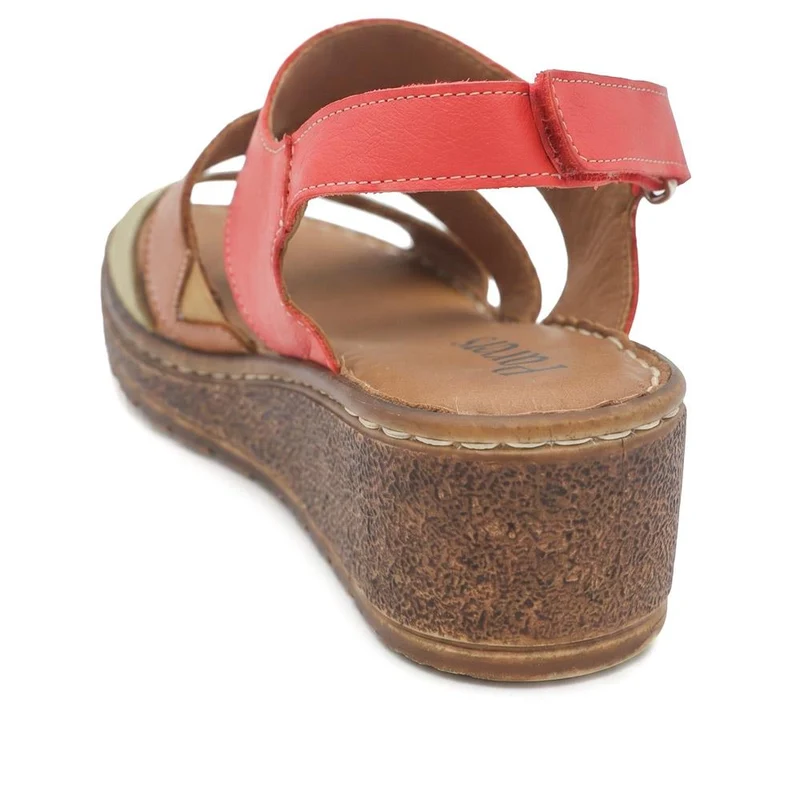 Cushioned Leather Wedge Heel Sandals - BOAY43000 / 329 206 - Red Multi