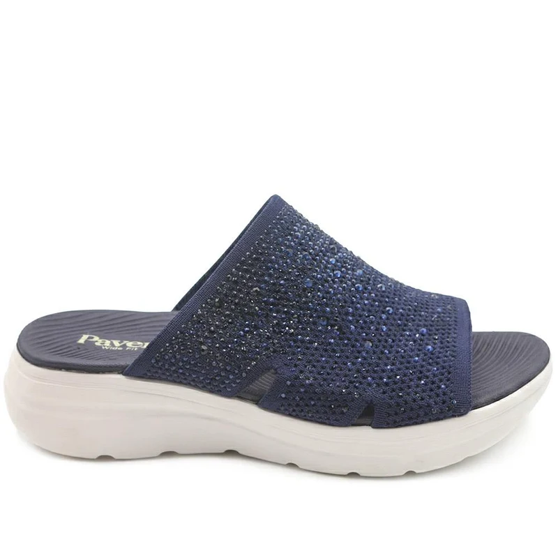 Wide Fit Diamante Cushioning Mule Sandals - BRK43024 / 329 365 - Navy