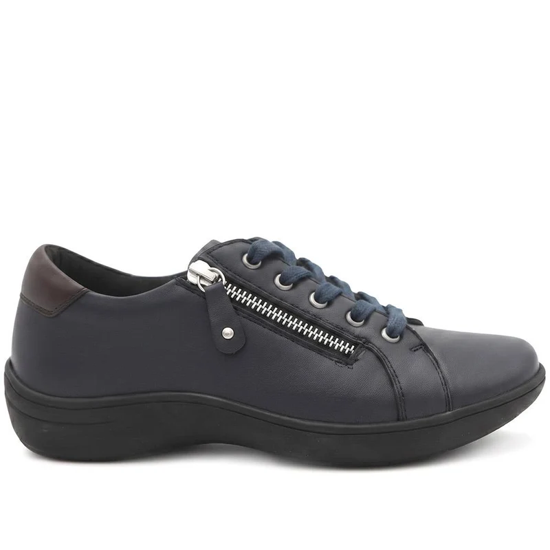 Wide Fit Leather Zip & Lace Casual Trainers - KF44006 / 329 818 - Navy