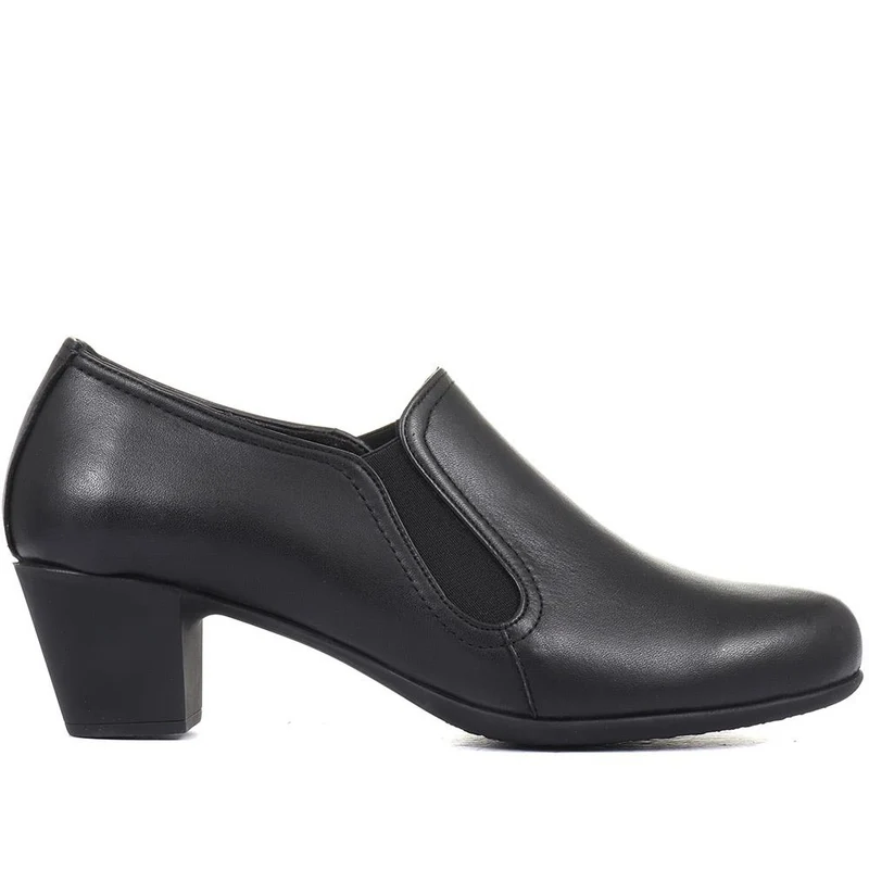 Smart Block Heel Leather Slip On Shoes - ESFA34003 / 320 440 - Black