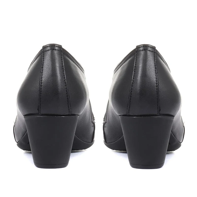 Smart Block Heel Leather Slip On Shoes - ESFA34003 / 320 440 - Black