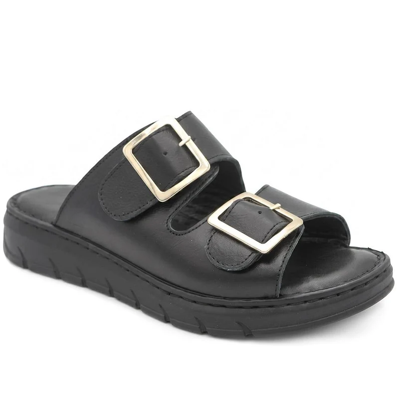 Dual Buckled Leather Chunky Mule Sandals - GOKH43001 / 329 421