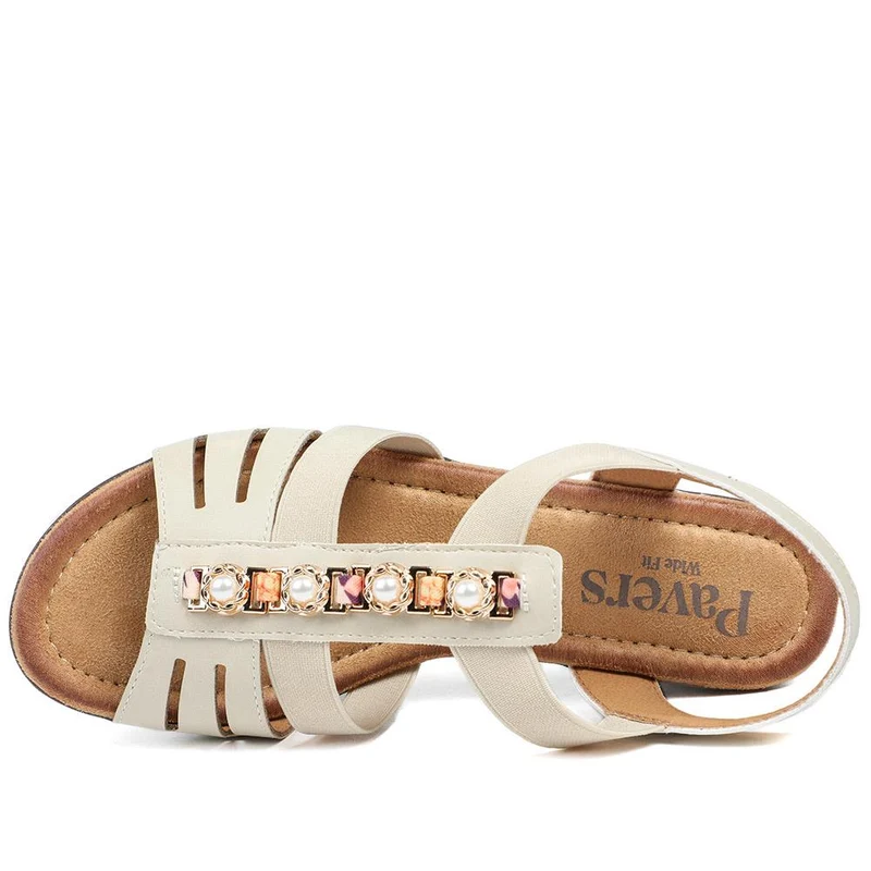 Wide Fit Jewelled Cuban Heel Sandals - WOIL43024 / 329 143 - Beige