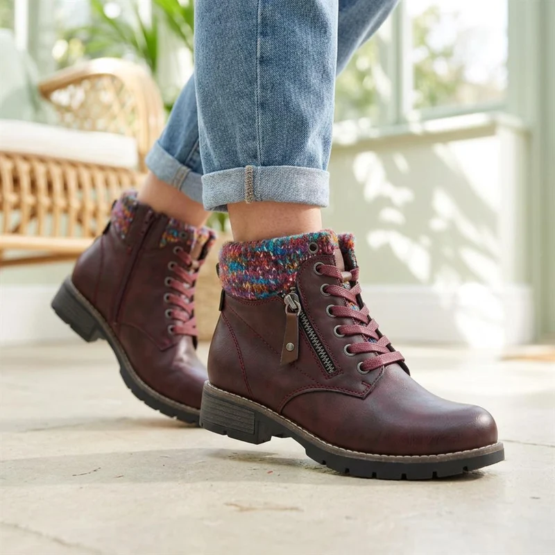 Knitted Cuff Ankle Boots - WBINS40243 / 326 500 - Burgundy