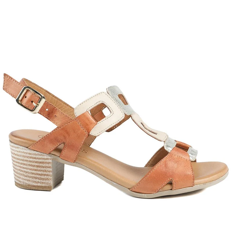 All Leather Block Heel Sandals - MAGO43000 / 329 390 - Tan Multi