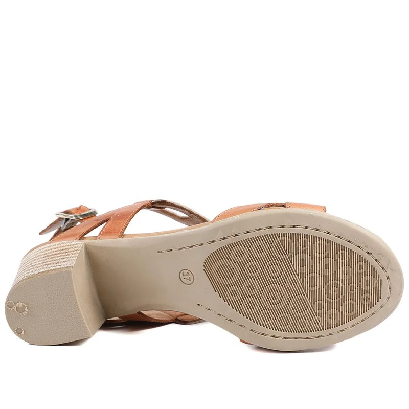 All Leather Block Heel Sandals - MAGO43000 / 329 390 - Tan Multi