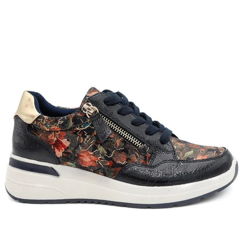 Stylish Zip & Lace Wedge Trainers - WBINS44050 / 329 621 - Navy Patent