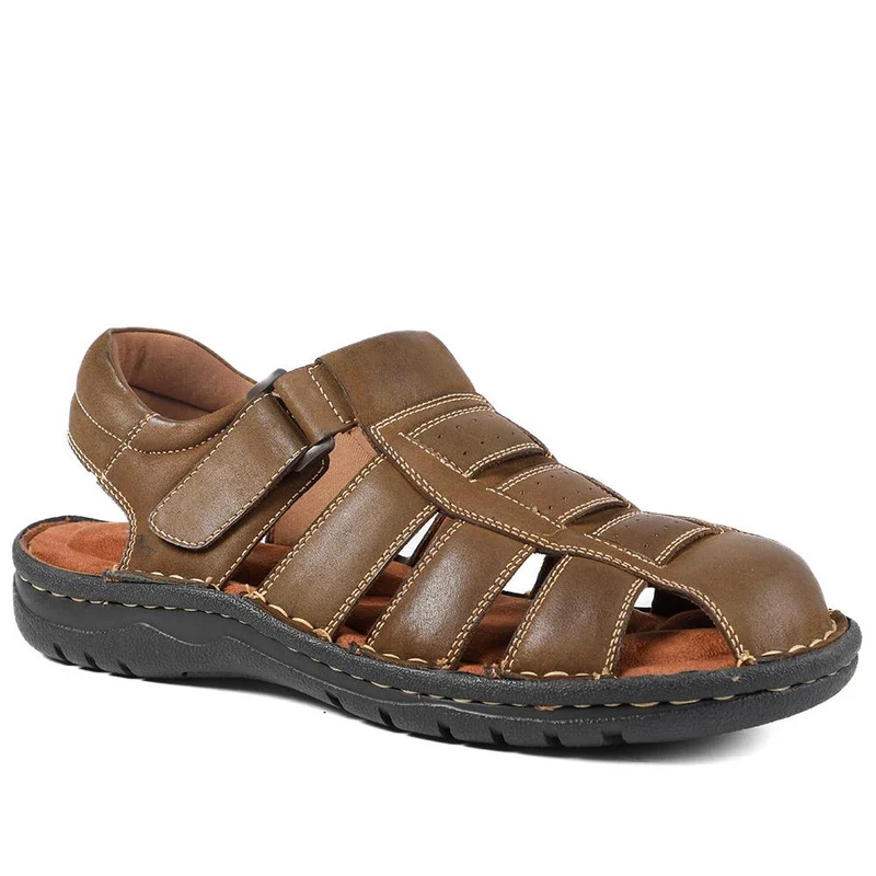 Premium Leather Touch Fastening Sandals - AATRA43010 / 328 938 - Brown