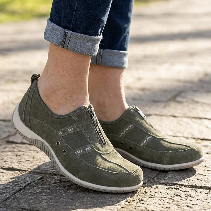 Memory Foam Leather Slip On Trainers - BRK43049 / 329 380 - Khaki