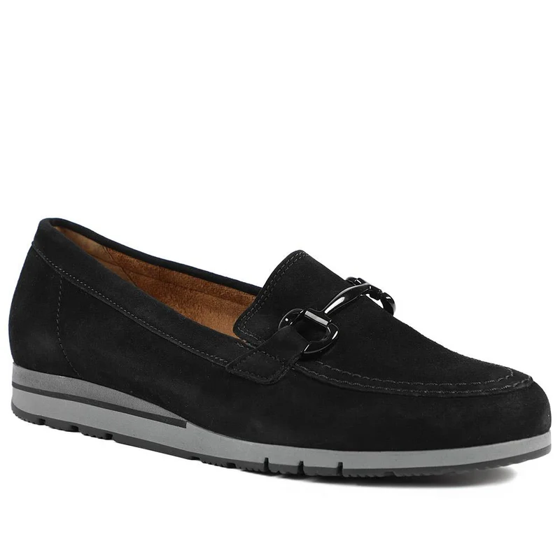 Gabor Wide Fit Leather Wedge Heel Loafers - GAB42548 / 329 080 - Black Suede