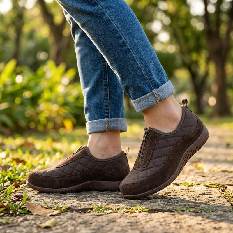 Wide Fit Leather Slip-On Shoes With Zip Fastening - BRK42019 / 328 406 - Chocolate