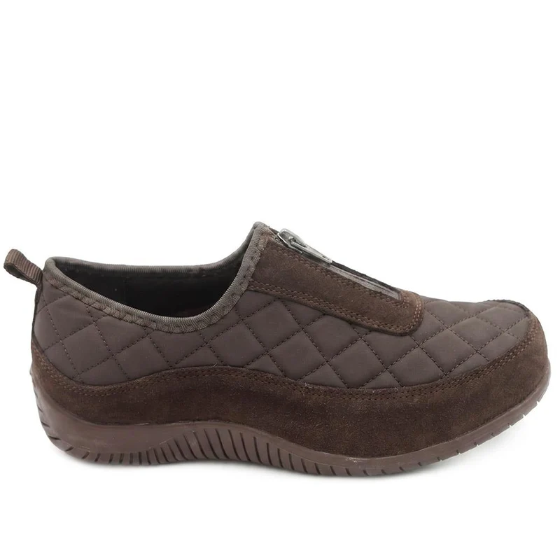 Wide Fit Leather Slip-On Shoes With Zip Fastening - BRK42019 / 328 406 - Chocolate
