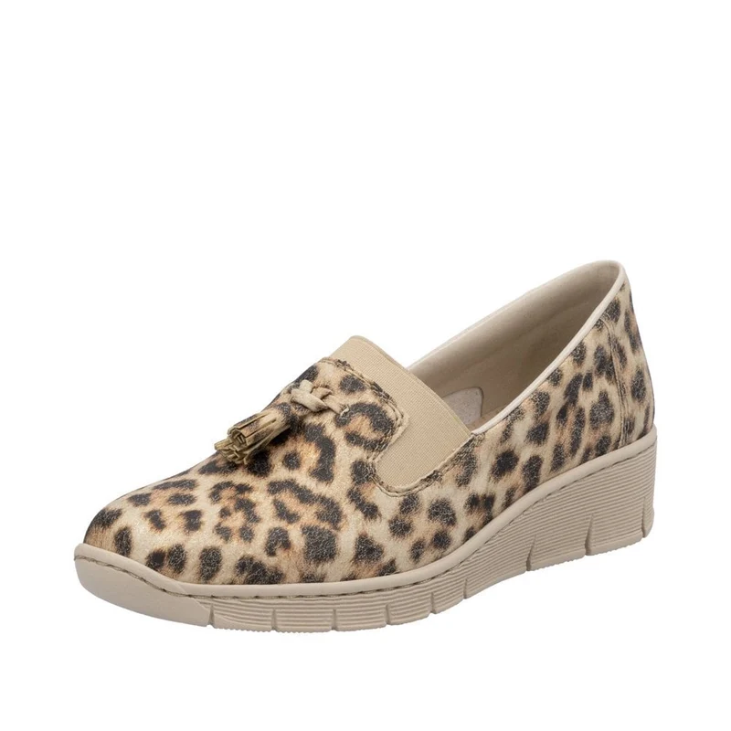 Rieker Damen Slipper mit Keilabsatz und Animalprint - Beige