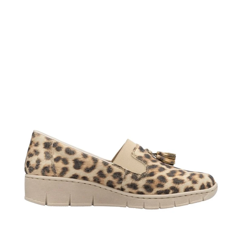 Rieker Damen Slipper mit Keilabsatz und Animalprint - Beige