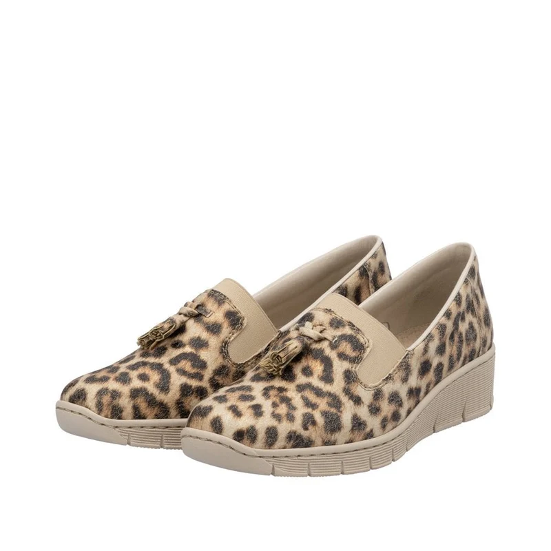 Rieker Damen Slipper mit Keilabsatz und Animalprint - Beige