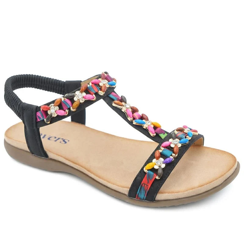 Elasticated Beaded Slip On Sandals - BAIZH43068 / 329 612 - Black