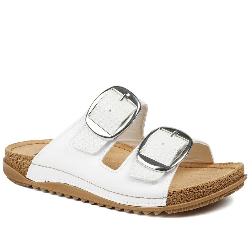 Wide Fit Buckle Detail Comfort Sandals - SERAY43001 / 329 113 - White