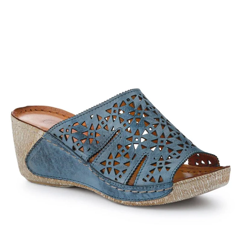 Breathable Leather Wedged Mules - KARY41000 / 327 476 - Denim