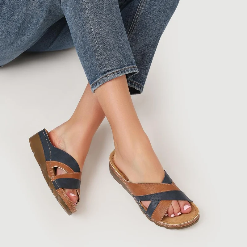 Crossover Mule Sandals - SERAY33007 / 320 090 - Tan-Navy