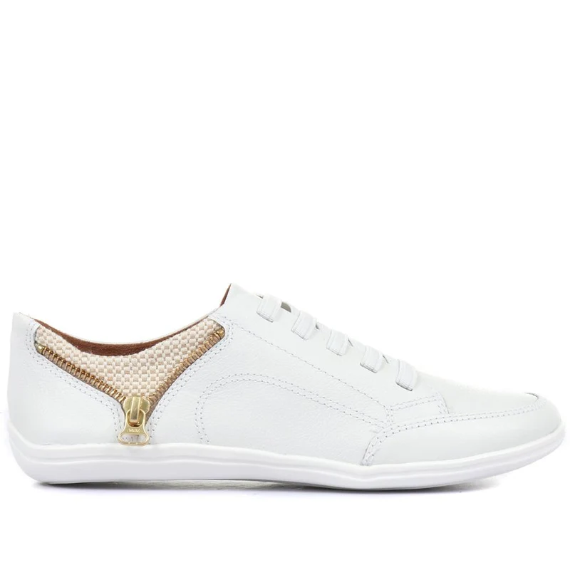 Leather Trainer with Zip Detail - BOT25018 / 309 566 - White