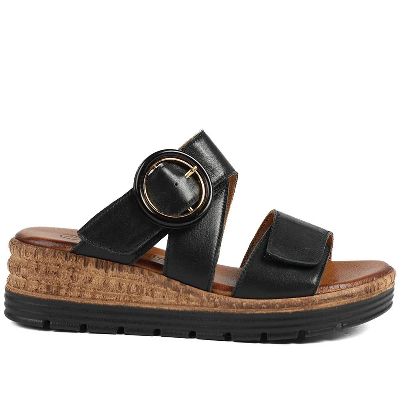 Adjustable Leather Wedge Sandals - BELMET43006 / 329 222 - Black