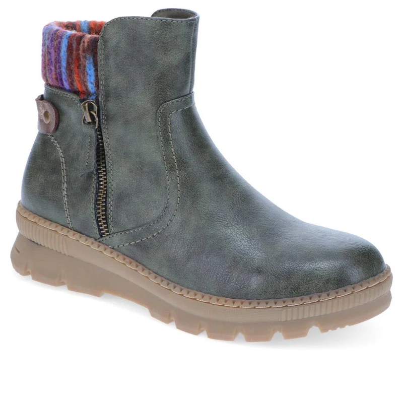 Knitted Cuff Ankle Boots - WBINS40169 / 326 116 - Olive