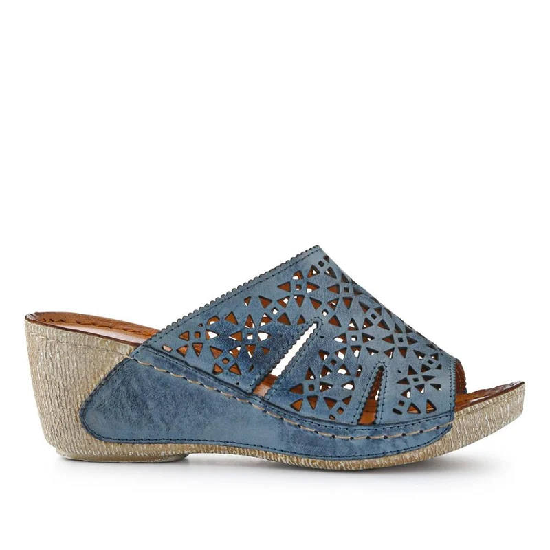 Breathable Leather Wedged Mules - KARY41000 / 327 476 - Denim