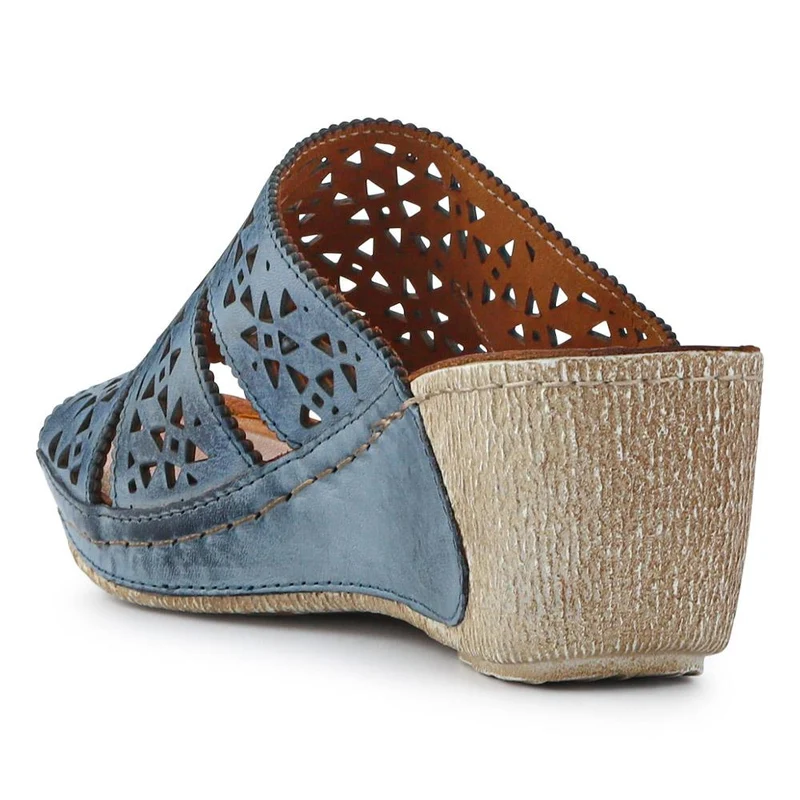 Breathable Leather Wedged Mules - KARY41000 / 327 476 - Denim