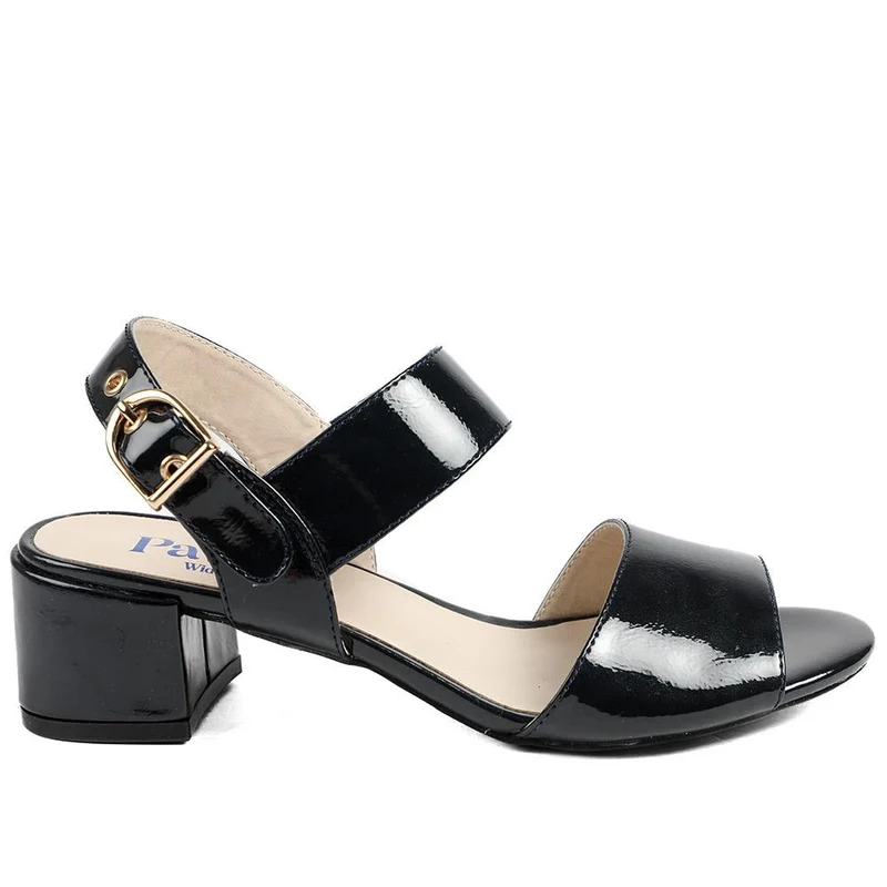 Wide Fit Smart Block Heel Buckle Fasten Sandals - WBINS43030 / 328 973 - Navy Patent