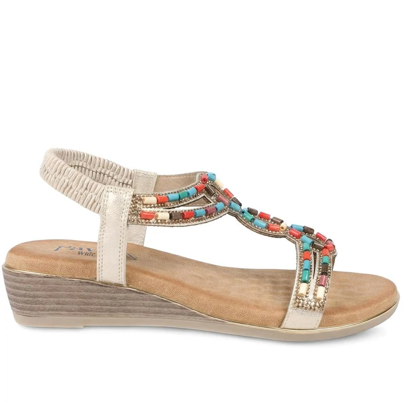 Wide Fit Jewelled Elastic Fit Sandals - BAIZH43048 / 329 372 - Soft Gold