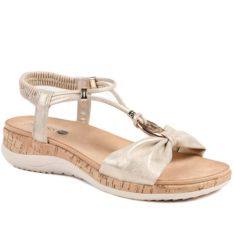Wide Fit Wedge Heel Elasticated Sandals - BAIZH43038 / 329 161 - Soft Gold