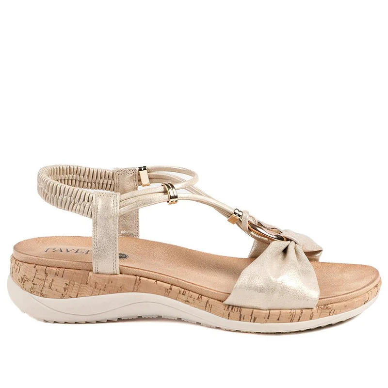 Wide Fit Wedge Heel Elasticated Sandals - BAIZH43038 / 329 161 - Soft Gold