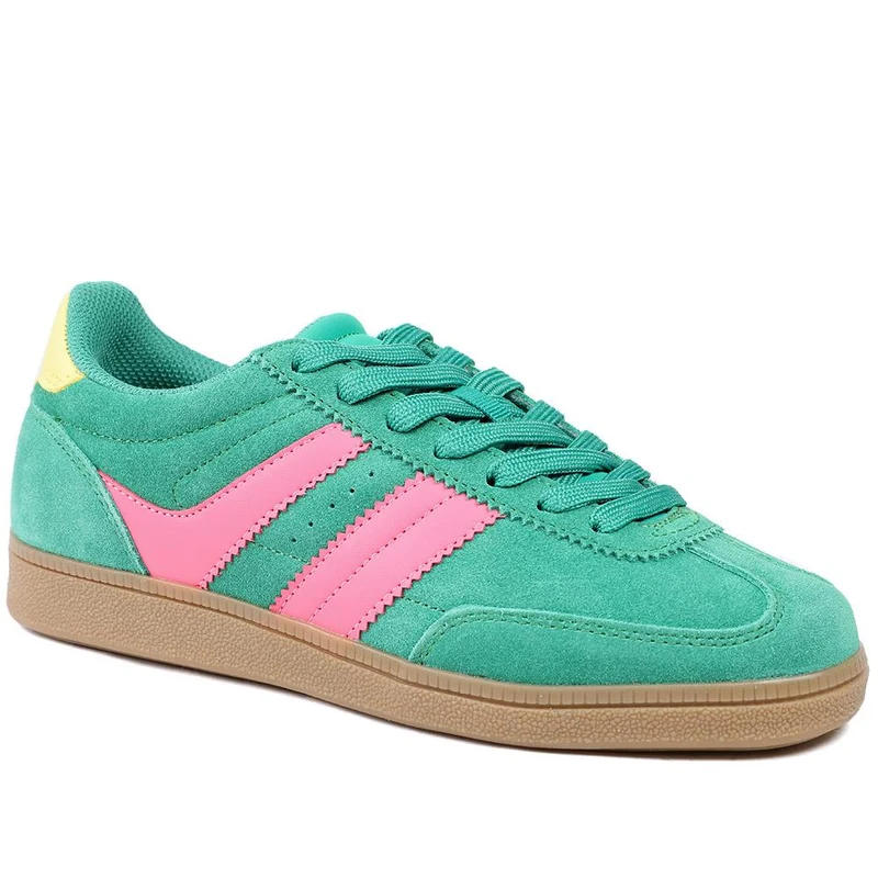 Bellissimo Leather Striped Lace Up Trainers - BELDINGX43005 / 329 348 - Green-Pink