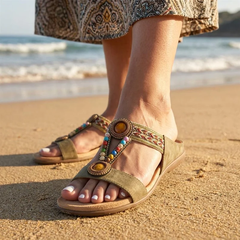 Beaded Lightweight Mule Sandals - BAIZH43012 / 329 166 - Khaki