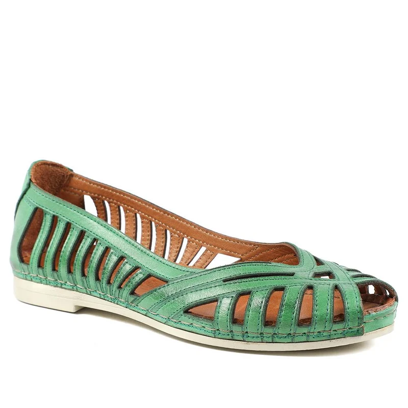 Leather Cut Out Peep Toe Flats - KARY43003 / 329 013 - Green