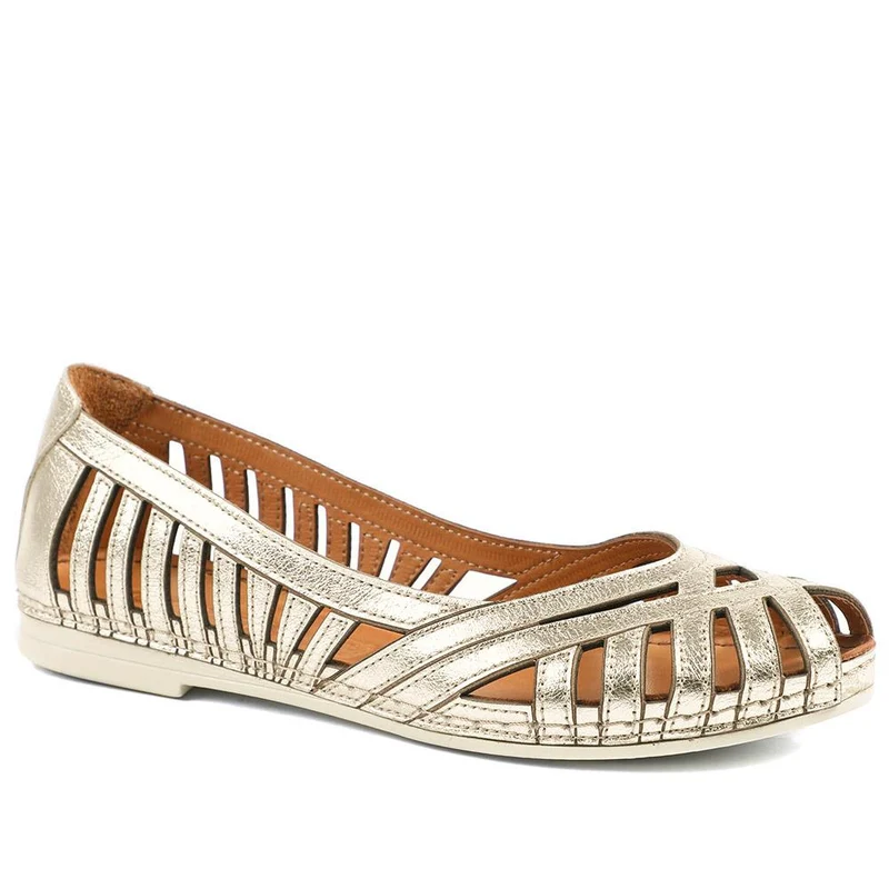 Leather Cut Out Peep Toe Flats - KARY43003 / 329 013 - Metallic