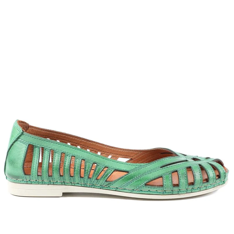 Leather Cut Out Peep Toe Flats - KARY43003 / 329 013 - Green