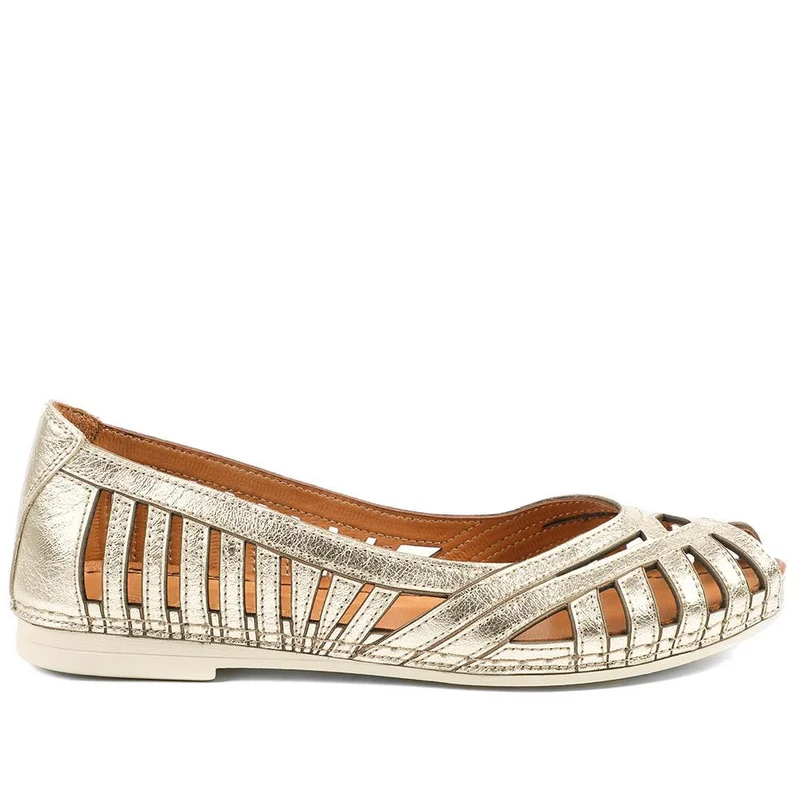 Leather Cut Out Peep Toe Flats - KARY43003 / 329 013 - Metallic
