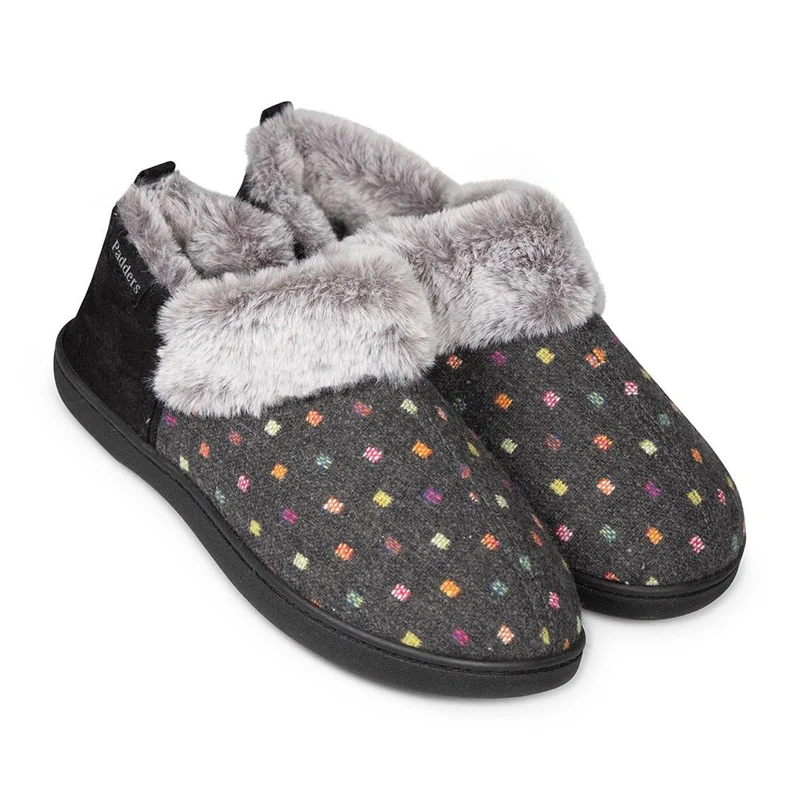 Padders Ladies Slippers 2E Side Stitched Washable - DORA - Dora / null - CHARCOAL WOVEN SPOT