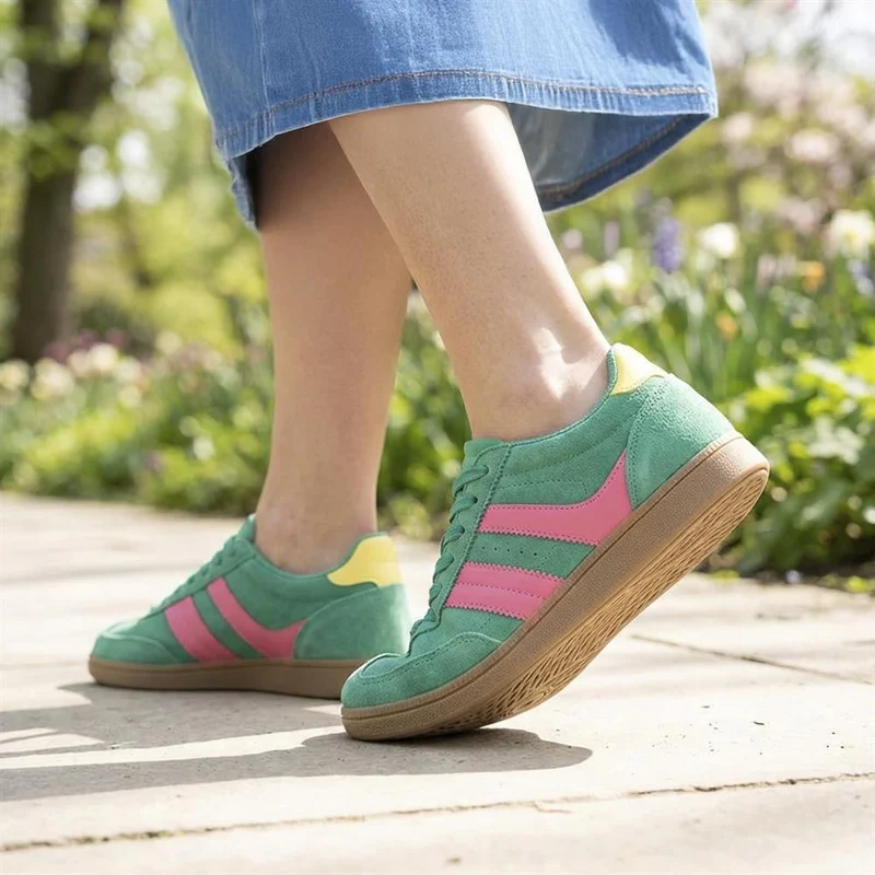Bellissimo Leather Striped Lace Up Trainers - BELDINGX43005 / 329 348 - Green-Pink