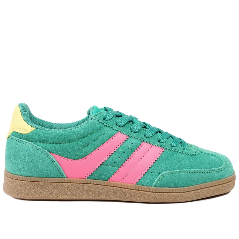 Bellissimo Leather Striped Lace Up Trainers - BELDINGX43005 / 329 348 - Green-Pink