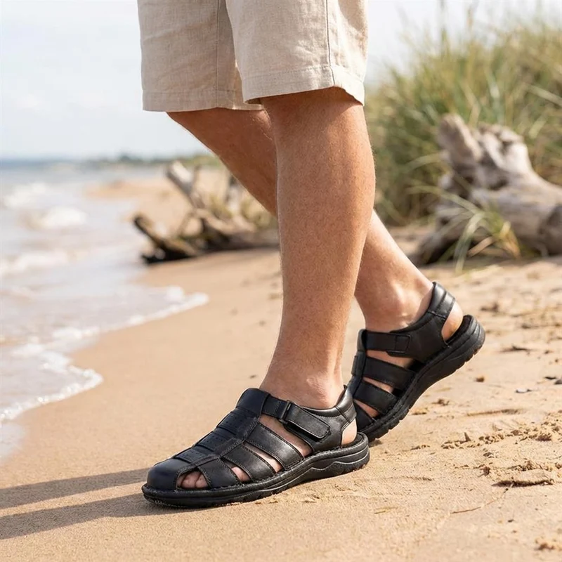 Premium Leather Touch Fastening Sandals - AATRA43010 / 328 938 - Black