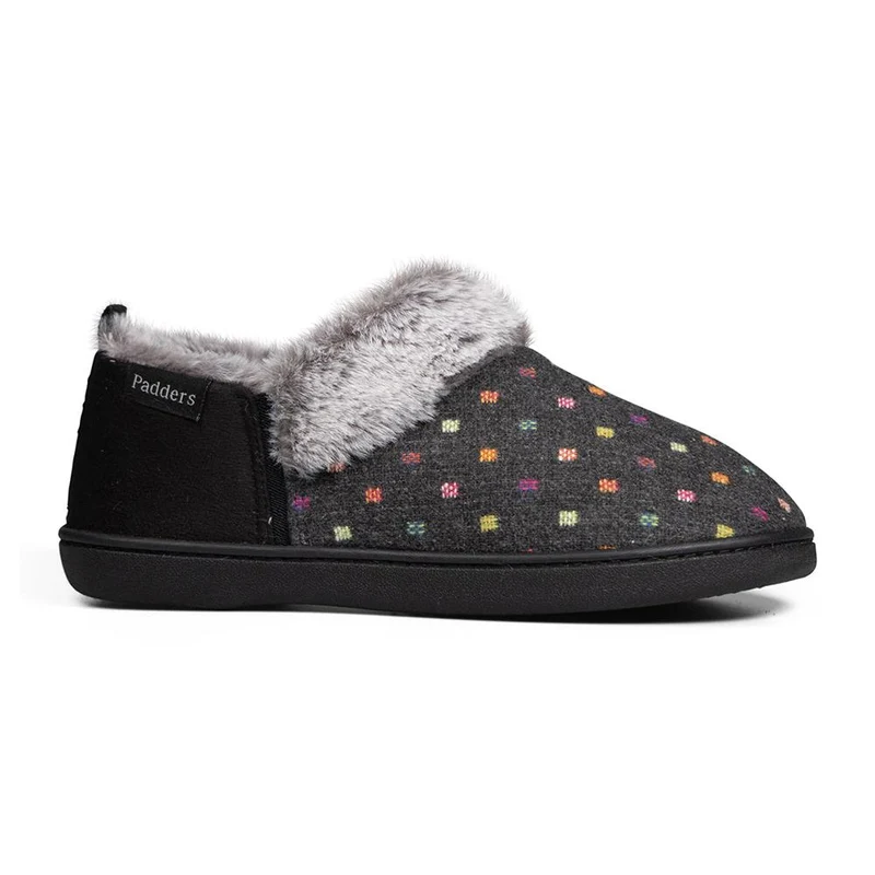 Padders Ladies Slippers 2E Side Stitched Washable - DORA - Dora / null - CHARCOAL WOVEN SPOT