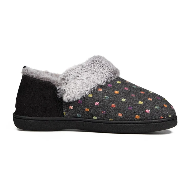 Padders Ladies Slippers 2E Side Stitched Washable - DORA - Dora / null - CHARCOAL WOVEN SPOT