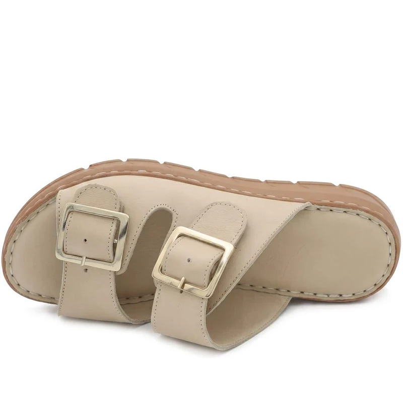 Dual Buckled Leather Chunky Mule Sandals - GOKH43001 / 329 421 - Beige